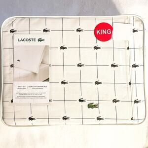 NEW Lacoste Logo 100% Cotton Percale Sheet Set - White Black, King Size